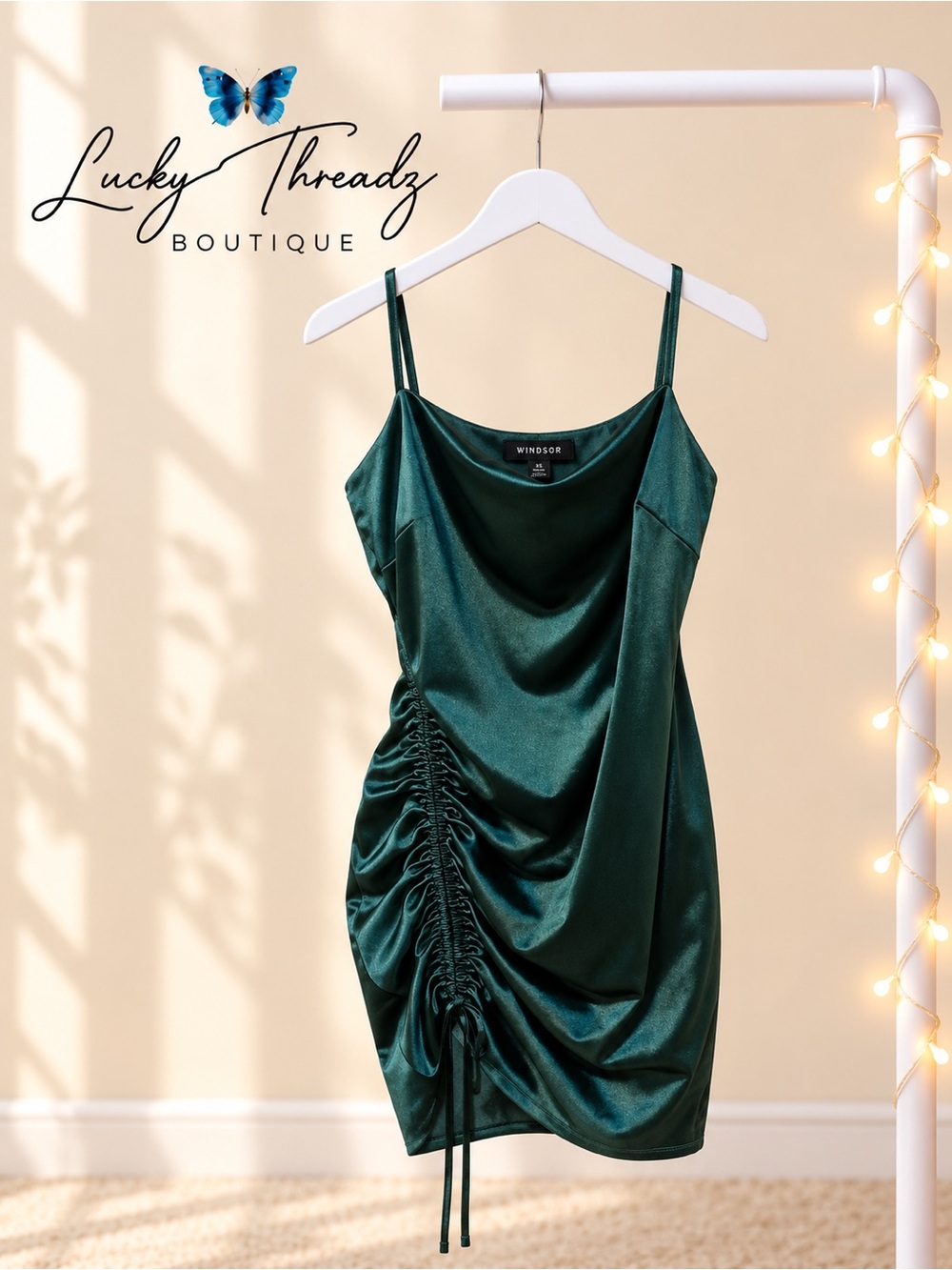 Windsor Emerald Green Satin Ruched Bodycon Mini Dress XS Holiday Party Cocktail